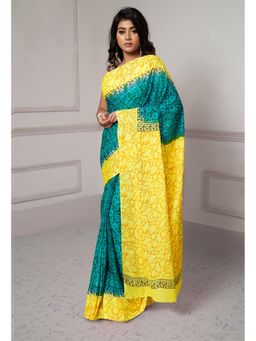 Unnati Silks - Teal-Yellow Dyed Hand Block Printed Saree with Unstitched Blouse