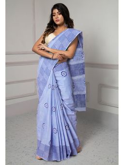 Unnati Silks - Pale Blue Dyed Hand Block Printed Saree with Unstitched Blouse