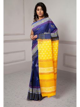 Unnati Silks - Navy Blue-Yellow Dyed Hand Block Printed Saree with Unstitched Blouse