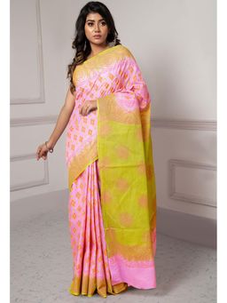 Unnati Silks - Pink Dyed Hand Block Printed Saree with Unstitched Blouse