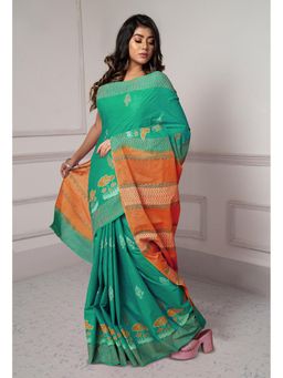 Unnati Silks - Green Dyed Hand Block Printed Saree with Unstitched Blouse