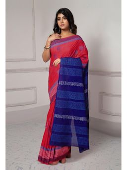 Unnati Silks - Red Dyed Hand Block Printed Saree with Unstitched Blouse
