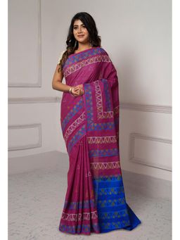 Unnati Silks - Dark Pink Dyed Hand Block Printed Saree with Unstitched Blouse
