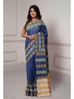 Unnati Silks - Navy Blue Dyed Hand Block Printed Saree with Unstitched Blouse