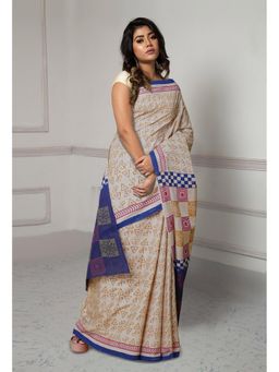 Unnati Silks - Off White Dyed Hand Block Printed Saree with Unstitched Blouse