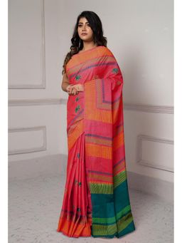 Unnati Silks - Pink Dyed Hand Block Printed Saree with Unstitched Blouse