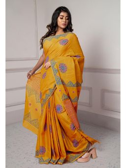 Unnati Silks - Yellow Dyed Hand Block Printed Saree with Unstitched Blouse