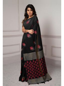 Unnati Silks - Black Dyed Hand Block Printed Saree with Unstitched Blouse