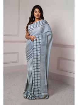 Unnati Silks - Pale Grey Dyed Hand Block Printed Saree with Unstitched Blouse