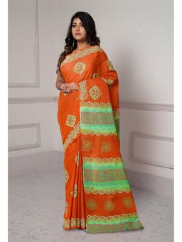 Unnati Silks - Orange-Green Dyed Hand Block Printed Saree with Unstitched Blouse