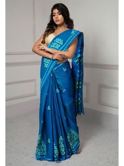 Unnati Silks - Blue Dyed Hand Block Printed Saree with Unstitched Blouse