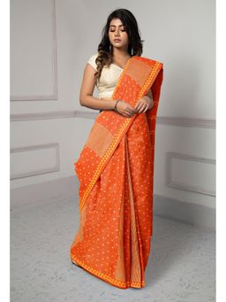 Unnati Silks - Orange Dyed Hand Block Printed Saree with Unstitched Blouse