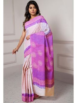 Unnati Silks - Off White-Pink Dyed Hand Block Printed Saree with Unstitched Blouse