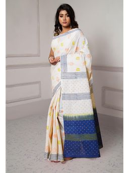 Unnati Silks - Off White Dyed Hand Block Printed Saree with Unstitched Blouse