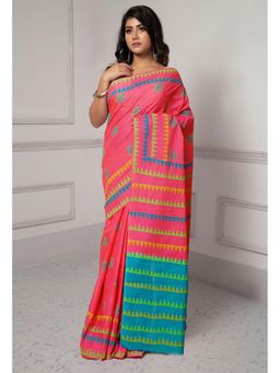 Unnati Silks - Pink Dyed Hand Block Printed Saree with Unstitched Blouse