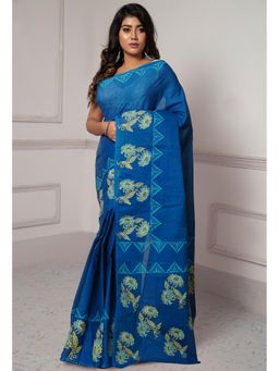 Unnati Silks - Peacock Blue Dyed Hand Block Printed Saree with Unstitched Blouse