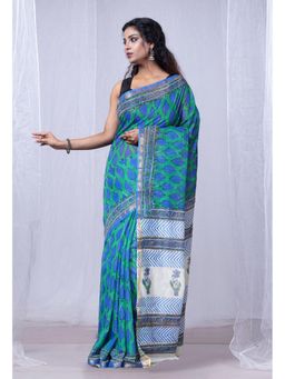 Unnati Silks - Green Pashmina Block Printed Chanderi Silk Saree with Unstitched Blouse