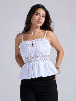 Twenty Dresses by Nykaa Fashion - White Ruffled Neck Strappy Peplum Top