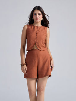 Twenty Dresses by Nykaa Fashion - Rust Sleeveless Waistcoat High Rise Shorts Co ord Set