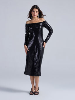 Twenty Dresses by Nykaa Fashion - Black Sequin Embellished Off Shoulder Midi Dress