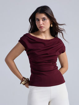 Twenty Dresses by Nykaa Fashion - Wine Boat Neck Draped Ruched Top