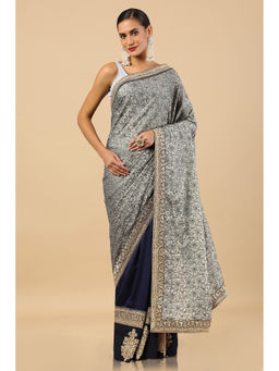 Soch - Navy Blue Tussar Embroidered Saree with Unstitched