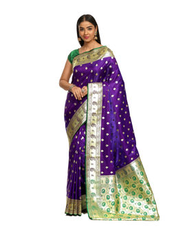Banarasi Silk Works - Women Navy Blue Satin Saree with Unstitched Blouse