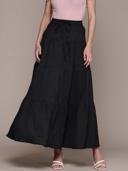 Popnetic - Women Solid Black Flared Maxi Skirt