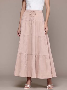 Popnetic - Women Solid Beige Flared Maxi Skirt