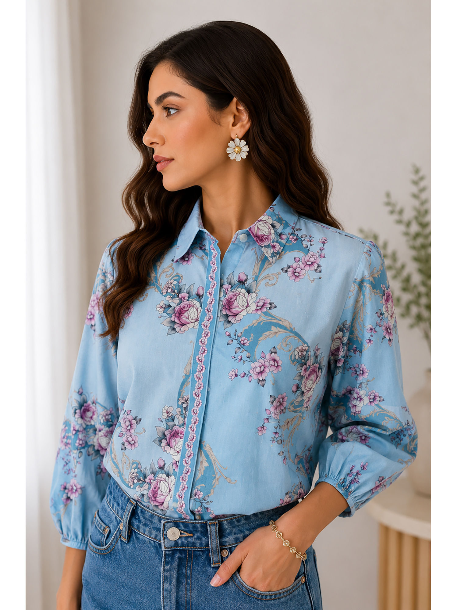 Blue Diya Cotton Pastel Floral Garden Print Shirt-picture-16