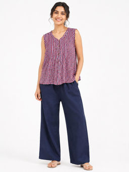 Scoup - Purple Sleeveless Cotton Check Top with Front Pleats