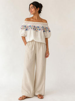 Scoup - White Offshoulder Embroidered Cotton Top