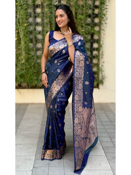 SGF11 - Dark Blue Women's Kanjivaram Pure Soft Silk Saree with Unstitched Blouse