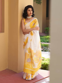 Five Point Five - Vani Linen Yellow Saree with Unstitched Blouse