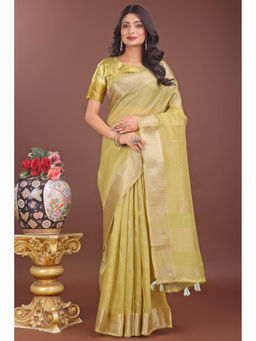 Mysilklove - Lemon Green Woven Organza Saree with Unstitched Blouse
