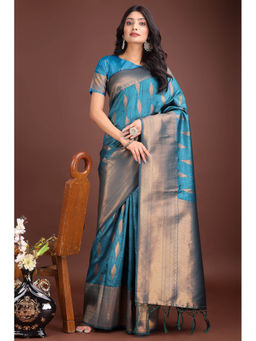 Mysilklove - Azure Blue Woven Banarasi Saree with Unstitched Blouse