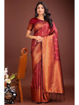 Mysilklove - Mojo Red Woven Banarasi Saree with Unstitched Blouse