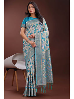 Mysilklove - Light Sky Blue Linen Cotton Saree with Unstitched Blouse