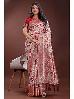 Mysilklove - Red Linen Cotton Saree with Unstitched Blouse