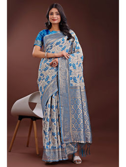 Mysilklove - Butterfly Blue Linen Cotton Saree with Unstitched Blouse