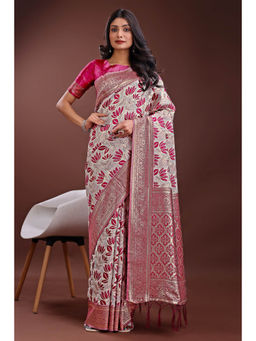 Mysilklove - Lilac Pink Linen Cotton Saree with Unstitched Blouse