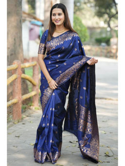 SGF11 - Dark Blue Women's Kanjivaram Pure Soft Silk Saree with Unstitched Blouse