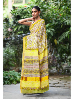 Unnati Silks - Yellow Pure Hand Block Printed Soft Saree with Unstitched Blouse