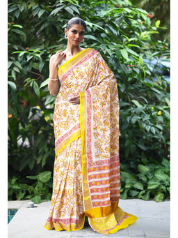 Unnati Silks - Yellow Pure Hand Block Printed Soft Saree with Unstitched Blouse