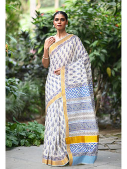 Unnati Silks - Blue Pure Hand Block Printed Soft Saree with Unstitched Blouse