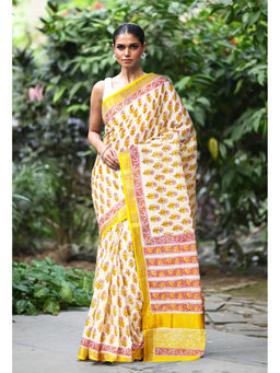 Unnati Silks - Yellow Pure Hand Block Printed Soft Saree with Unstitched Blouse