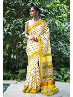 Unnati Silks - Yellow Pure Hand Block Printed Soft Saree with Unstitched Blouse