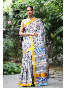 Unnati Silks - Blue Pure Hand Block Printed Soft Saree with Unstitched Blouse