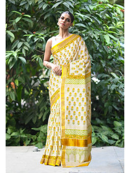 Unnati Silks - Yellow Pure Hand Block Printed Soft Saree with Unstitched Blouse