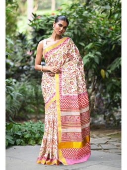 Unnati Silks - Pink Pure Hand Block Printed Soft Saree with Unstitched Blouse